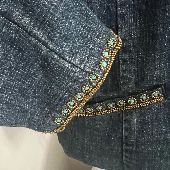 Chico's Blue Denim Jean Jacket with detailed beading design -turquoise and gold - Picture 4 of 7